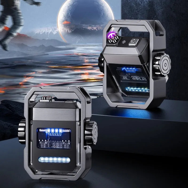 Blue windproof plasma electric lighter with a visible mechanical gyroscope and a folding design.