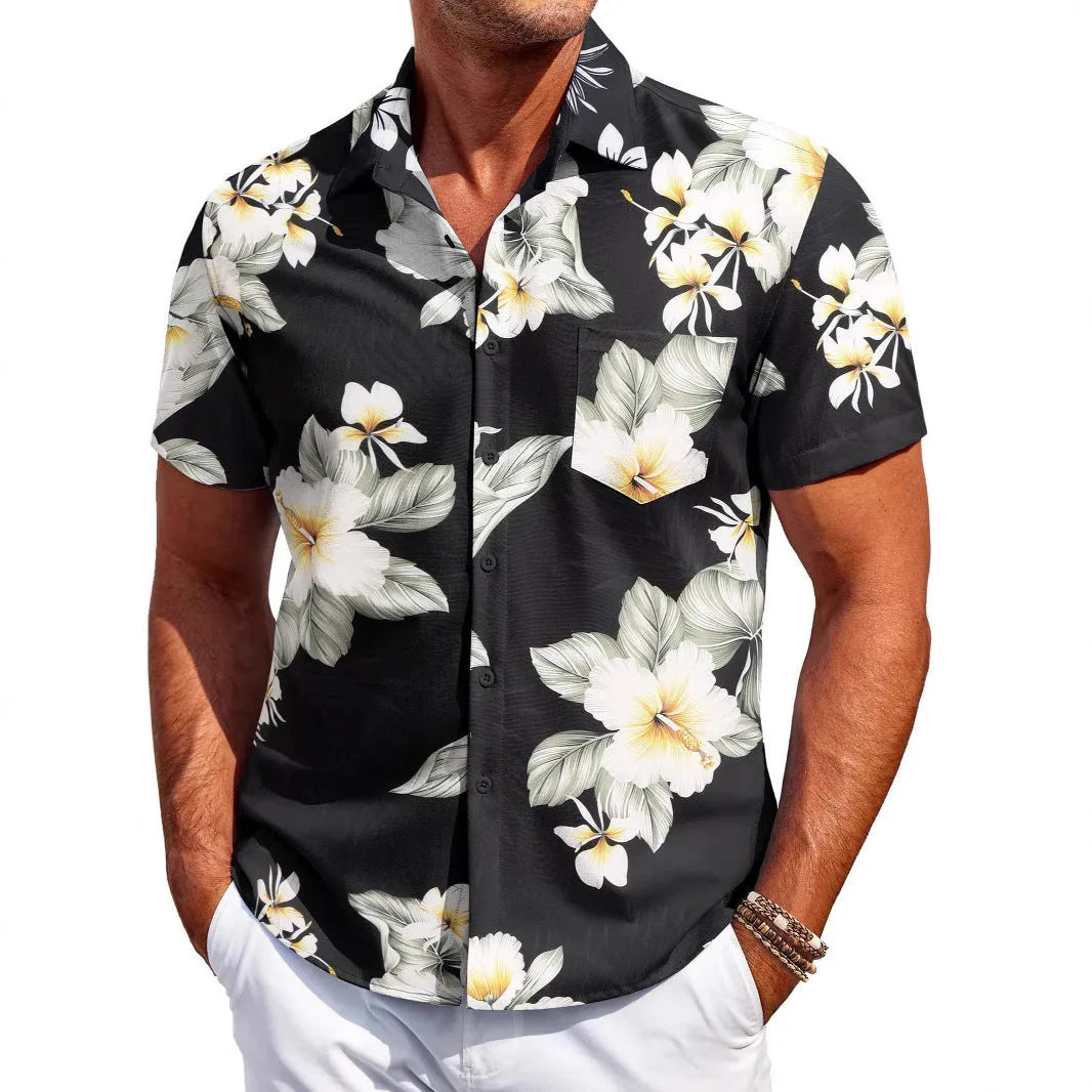 Men's slim-fit Hawaiian short-sleeve shirt in elastic polyester fabric on a hanger.