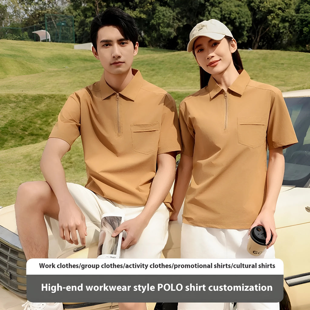Nylon advertising shirt with chest zipper pockets and lapel tooling design in silver grey colour