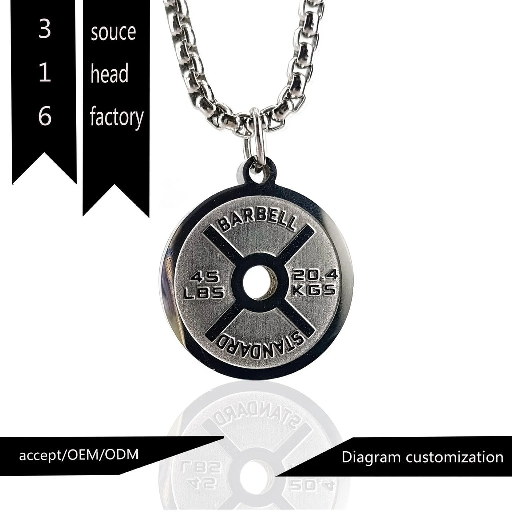 Polished stainless steel barbell disk geometric pendant on a 60cm chain necklace