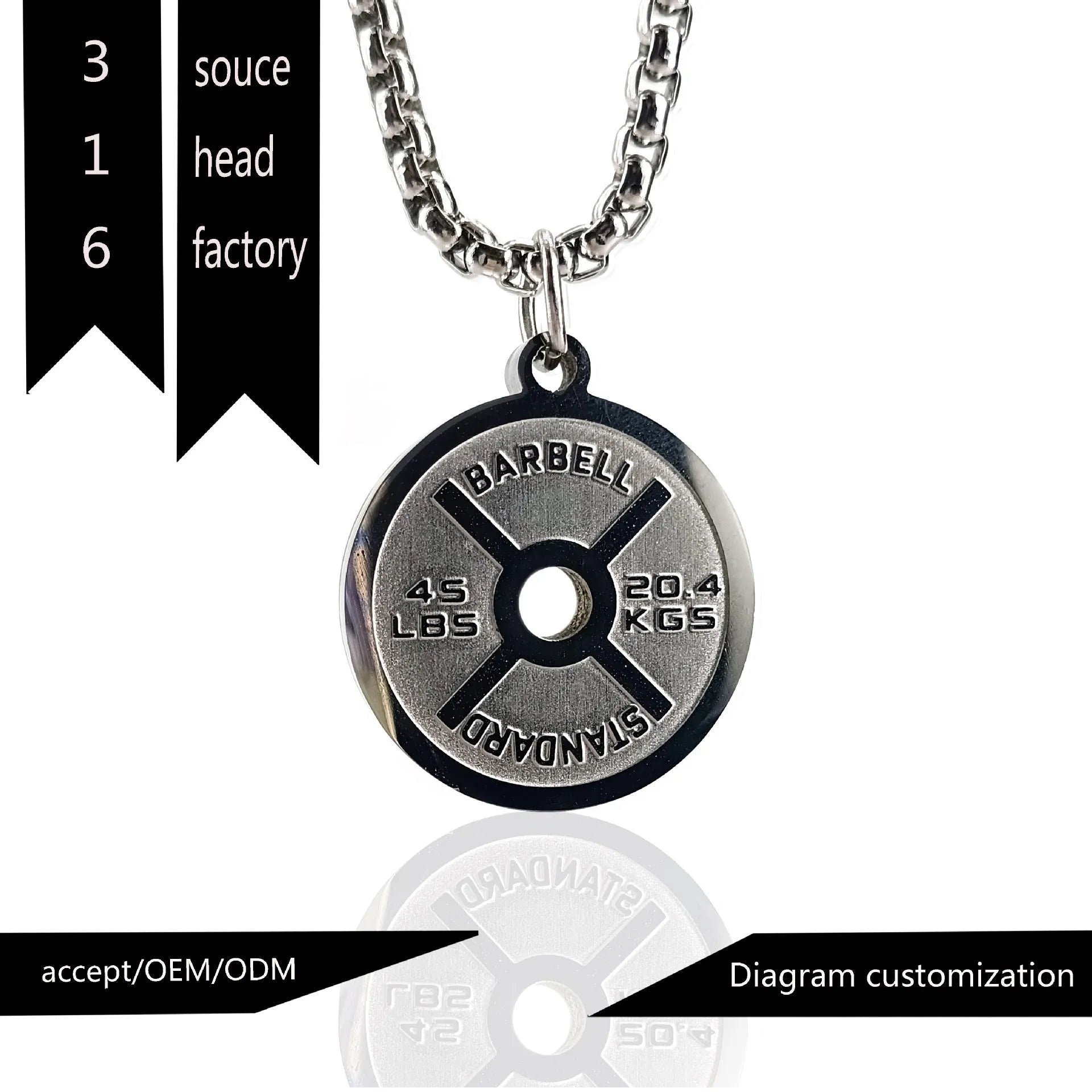 Polished stainless steel barbell disk geometric pendant on a 60cm chain necklace