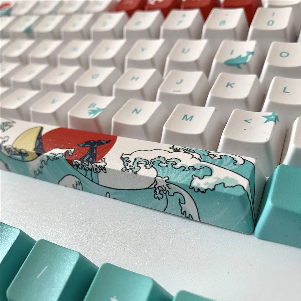 Coral Sea themed PBT keycaps with five-sided sublimation printing and oversized custom buttons for mechanical keyboards