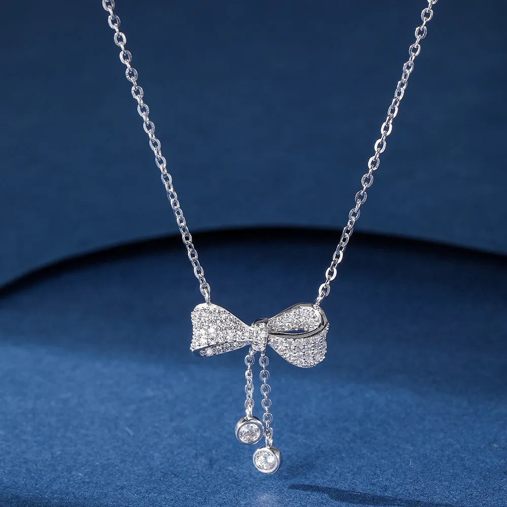 S925 sterling silver clavicle chain necklace with bow pendant on adjustable 40cm-45cm chain