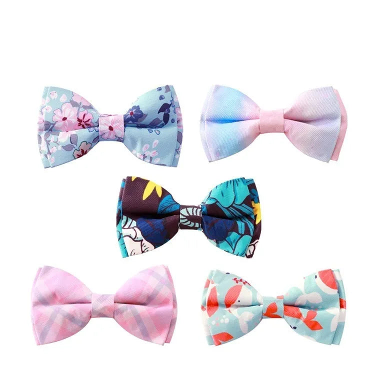 Pet collar with rose gold buckle and removable bow on polyester strap