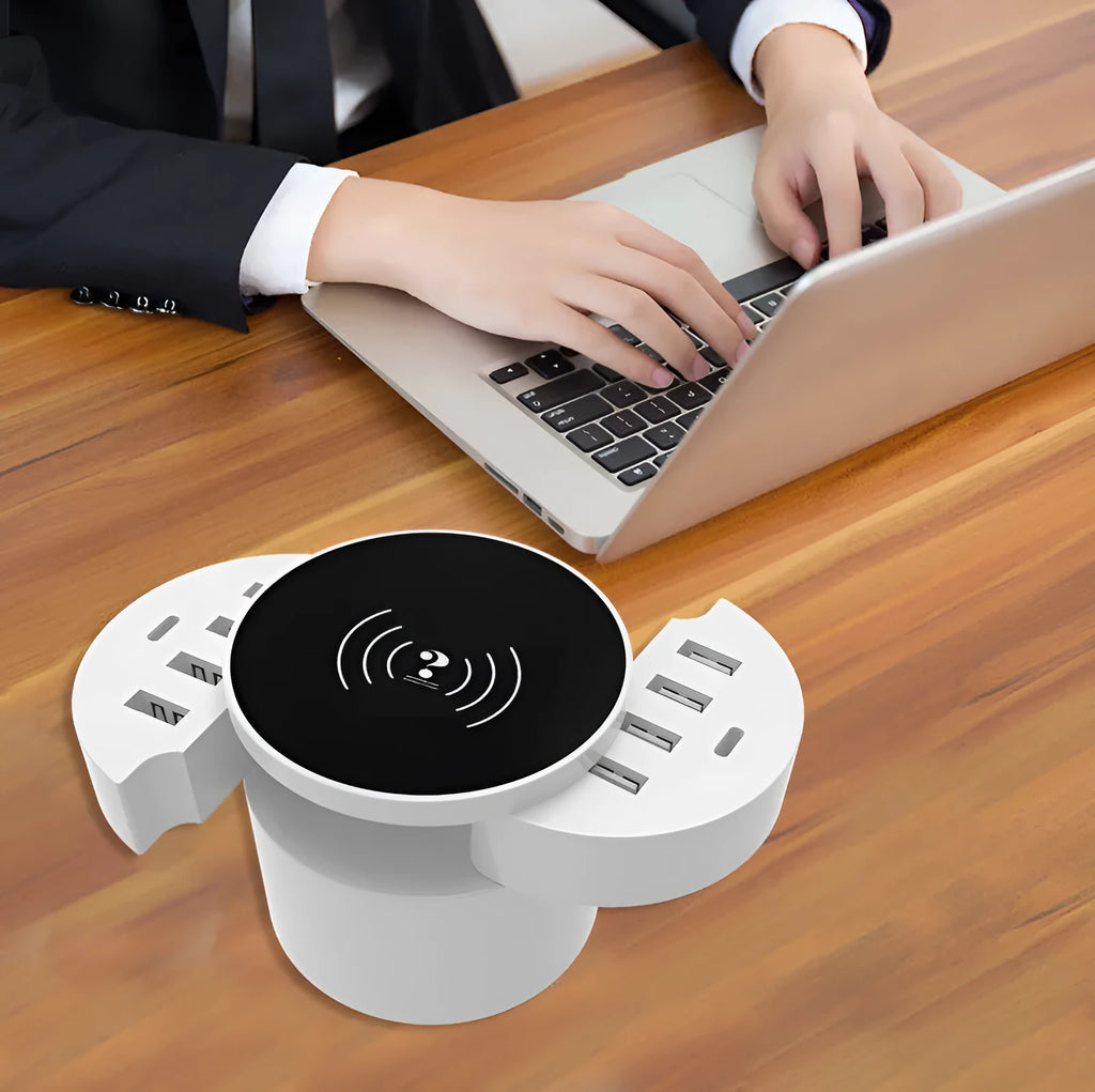 Ceramic white circular wireless charger with multiple ports and international adapters for smartphone charging
