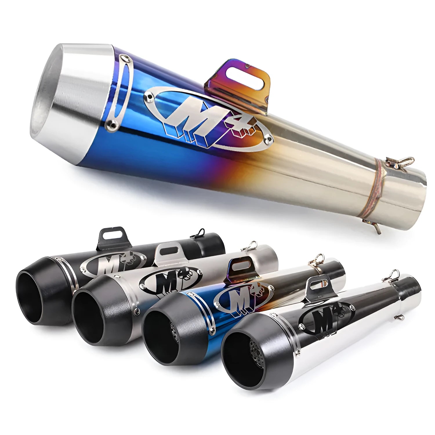 Universal M4 style motorcycle exhaust pipe in various colour finishes for large displacement bikes.