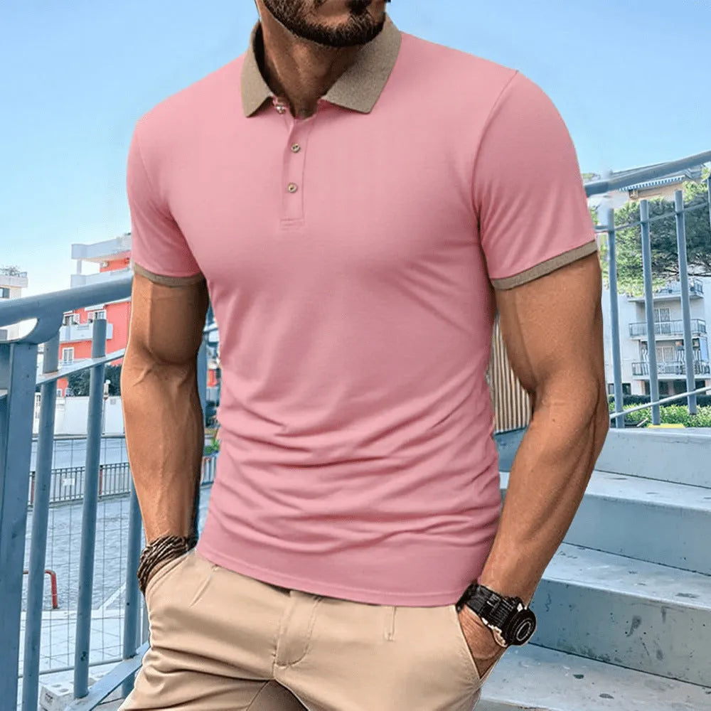 Summer polo shirt with flock print in Ice Silk polyester fabric, shown in multiple colour options