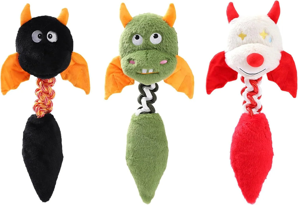 44cm long plush dog toy with squeaker and rope knot in rabbit fleece fabric