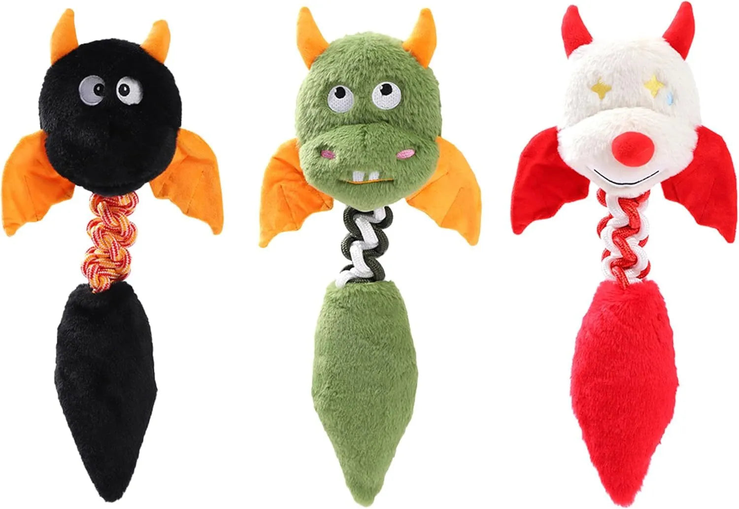 44cm long plush dog toy with squeaker and rope knot in rabbit fleece fabric
