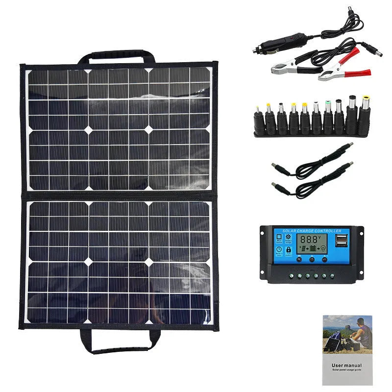 Black 40W solar folding bag charger showing folded dimensions and single crystal panel technology