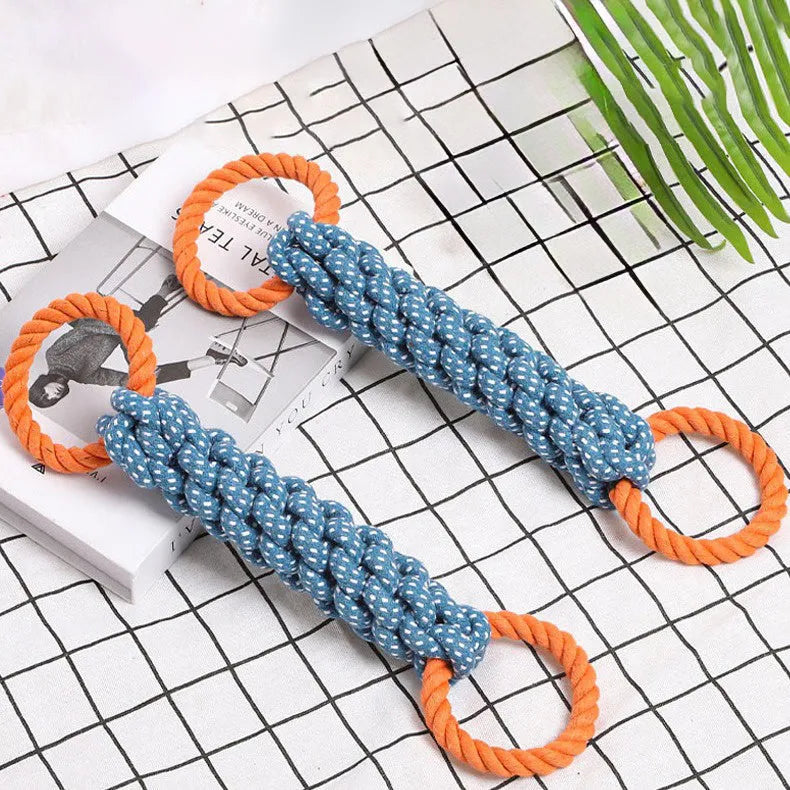 Blue double-ring cotton dog chew toy with braided bone rope centre, shown at 37 cm length