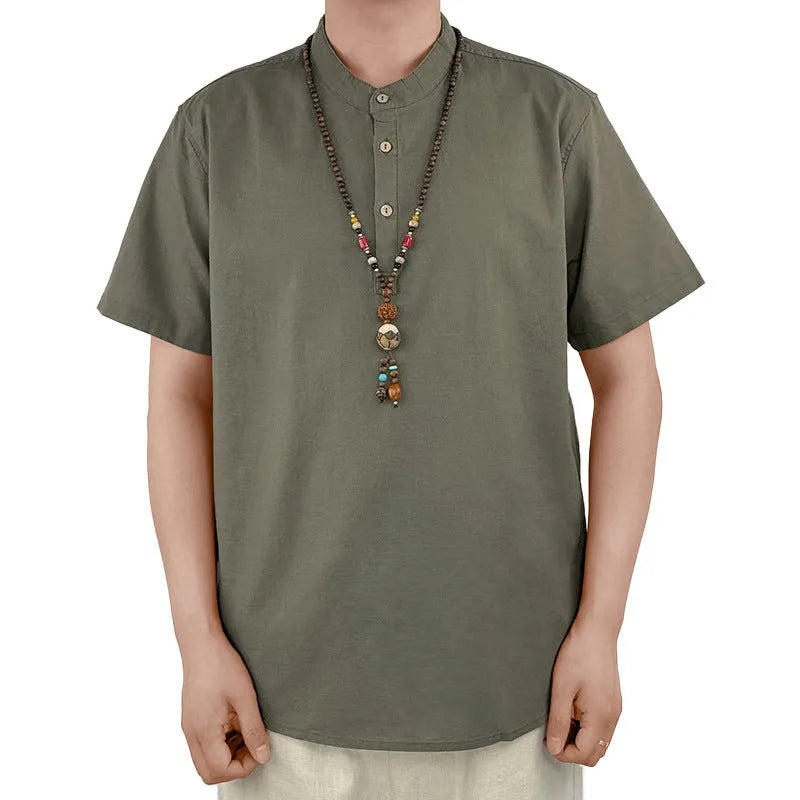 Men's solid colour linen blend short sleeve t-shirt on a hanger.