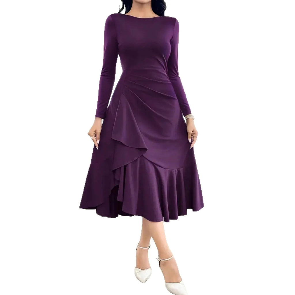 Purple women's long sleeve pullover dress with a round neck and mid waist ruffles.