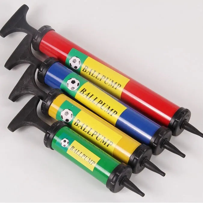 Manual high-pressure plastic pump for inflating basketballs, volleyballs, footballs and balloons in mixed colours.