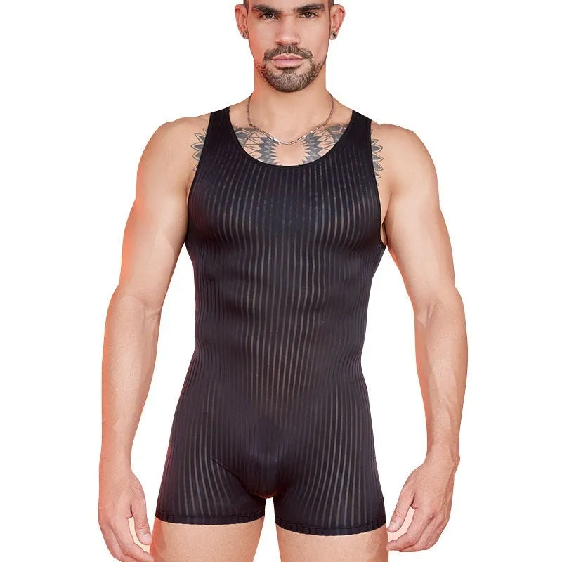 Men's lightweight nylon jumpsuit with wide vertical stripes in black, shown in a free size fit.