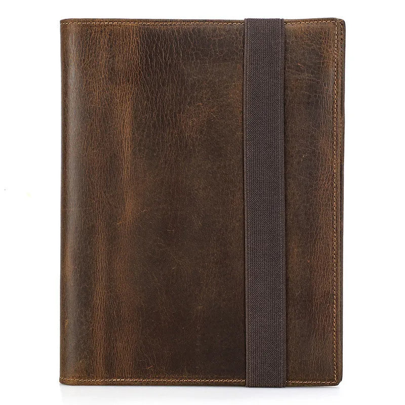 Brown Crazy Horse leather A5 notebook protective sleeve with socket-style closure