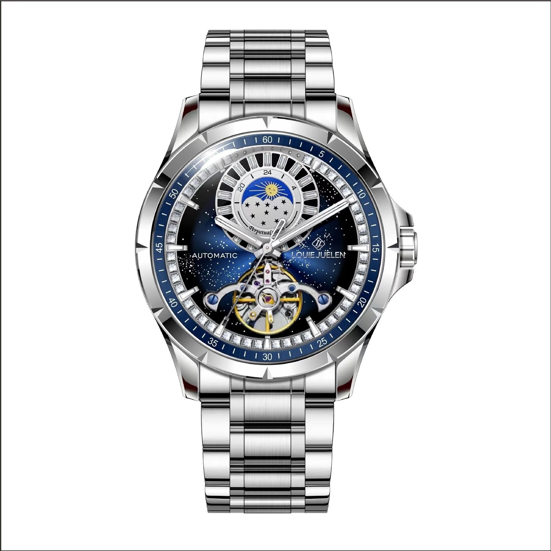 Men's silver alloy automatic watch with blue dial and stainless steel bracelet on wrist.