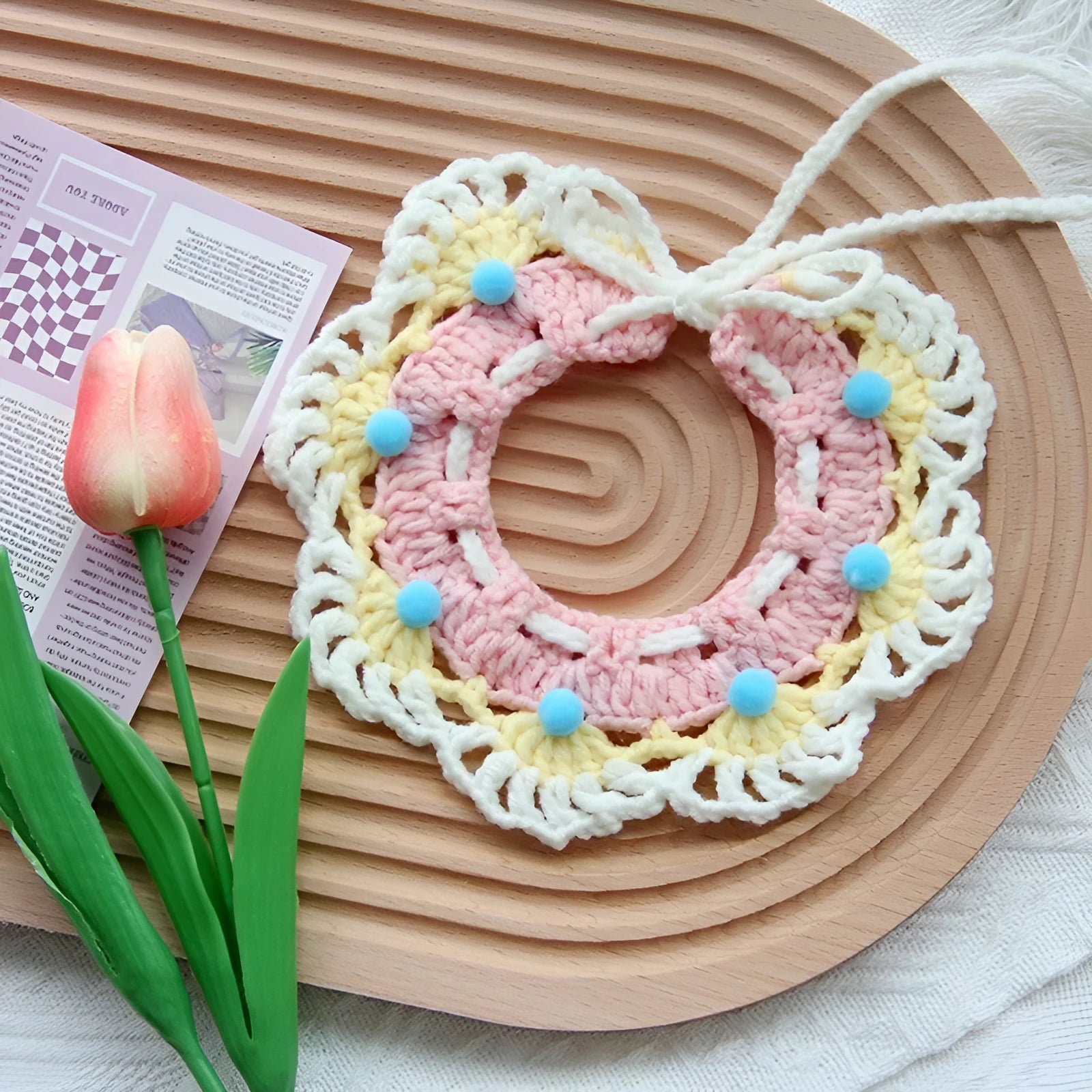 Handmade embroidery dog collar scarf in cotton thread with decorative design for small dogs