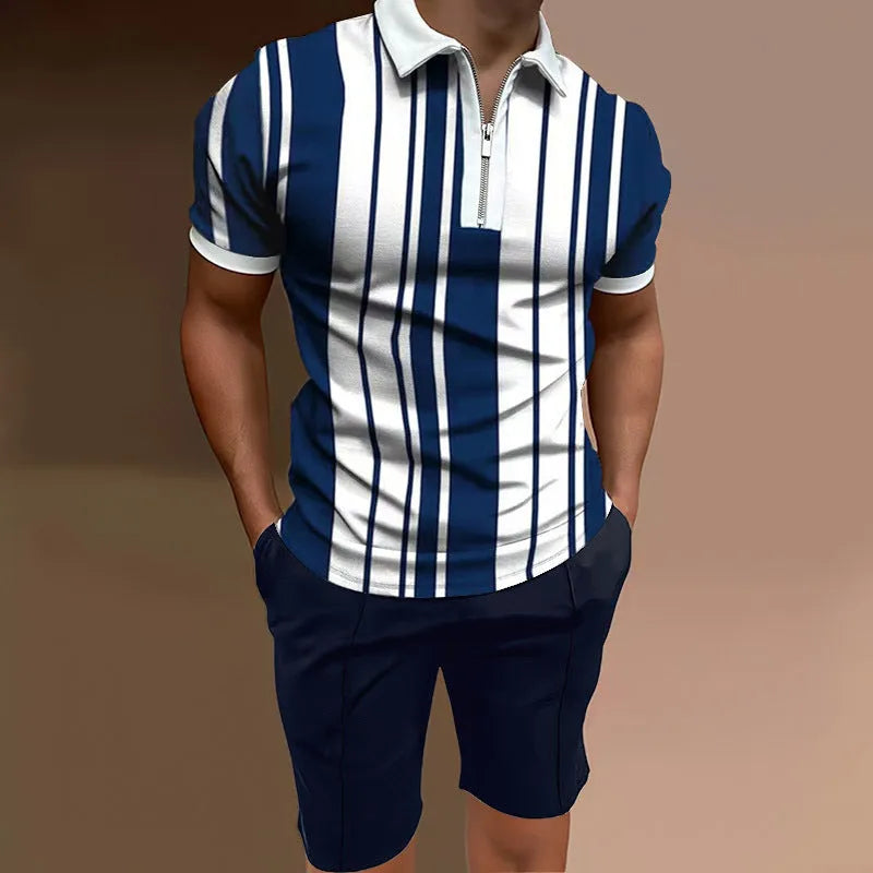 Men's casual printed polyester two-piece set showing short sleeve top and matching shorts
