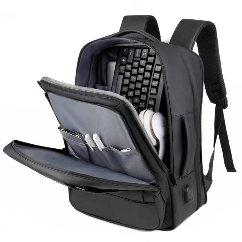 Waterproof Oxford cloth backpack in black with curved shoulder straps and business styling