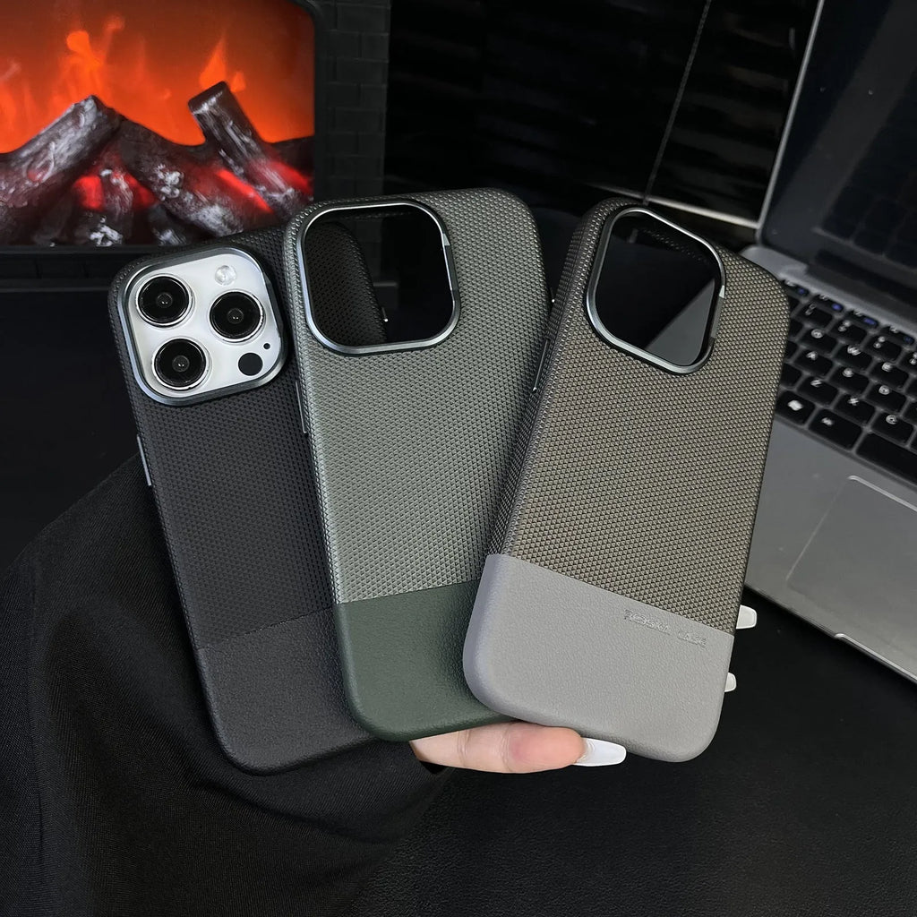 Black magnetic iPhone case with dragon scale texture and stitching, shown on an iPhone 15 Pro.