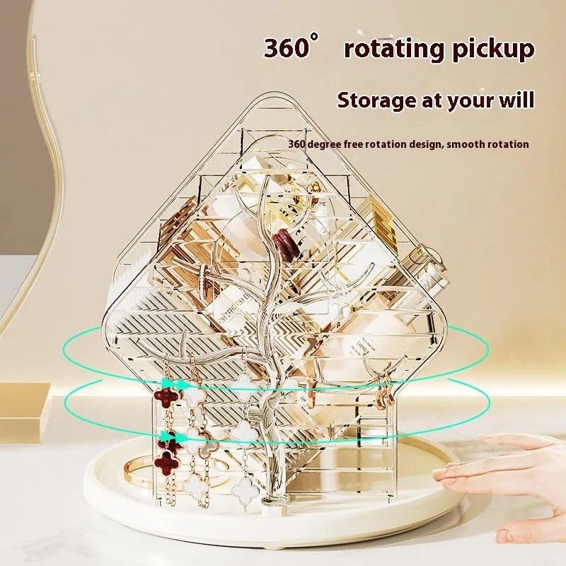 A clear and an amber gold rotating plastic cosmetics storage box on a dressing table.