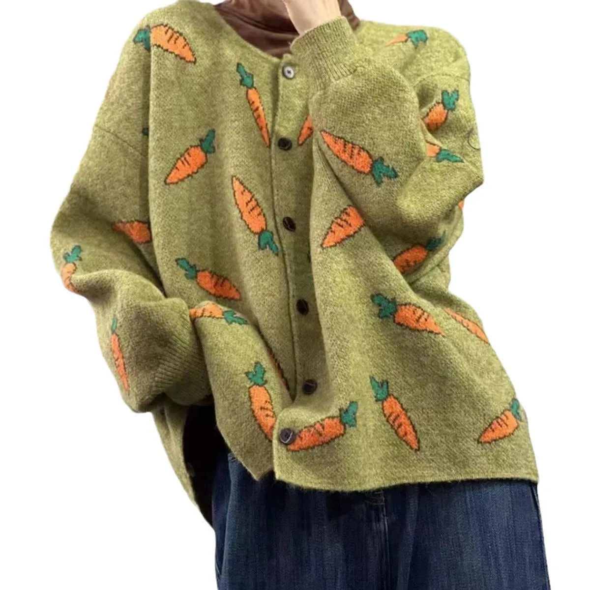 Mori artistic printing colour contrast loose cardigan sweater with round neckline