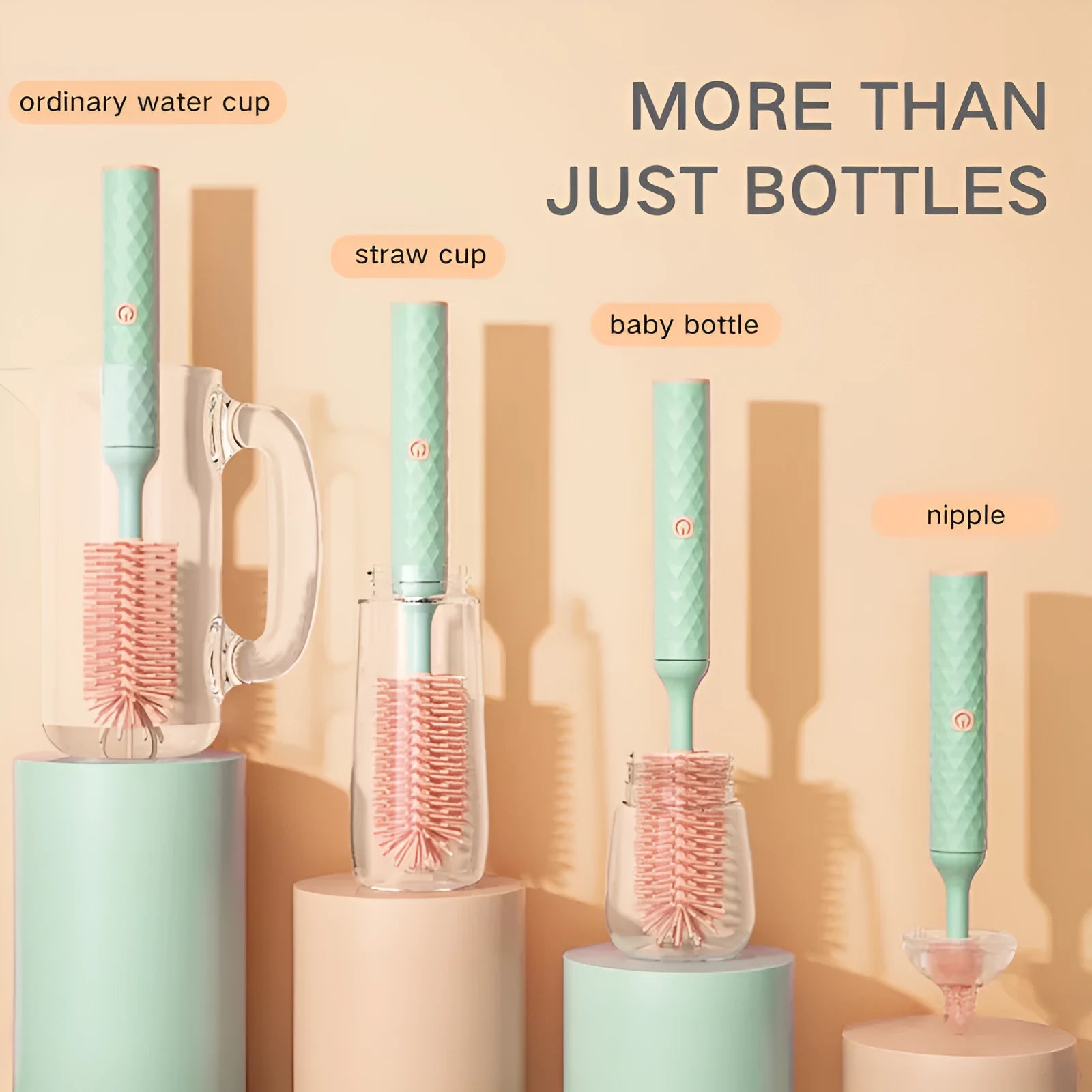 Electric bottle brush with rotating silicone head and lithium battery for cleaning baby bottles