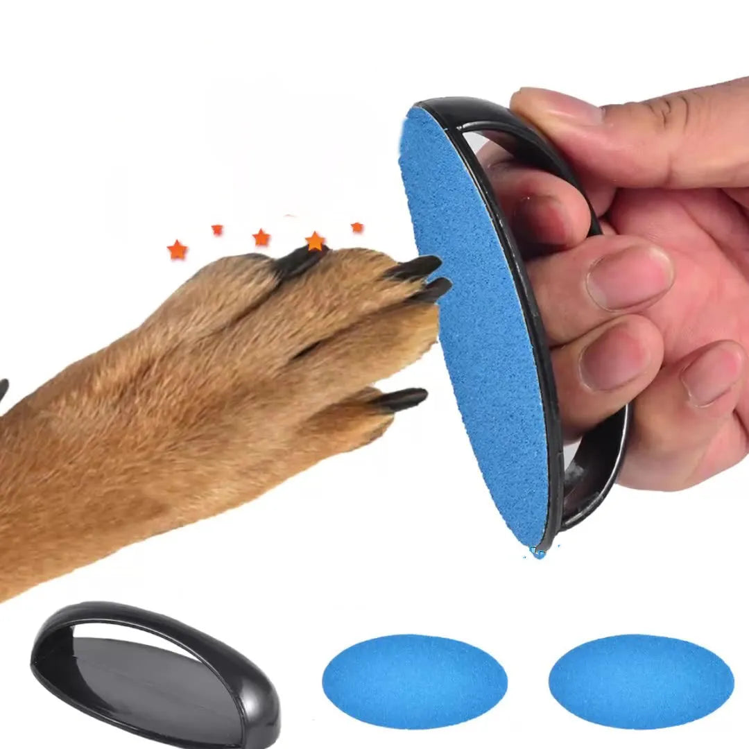 A square dog nail scratch board with an ergonomic handle, shown in blue with a replaceable sandpaper surface.
