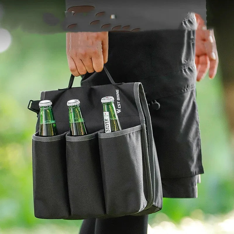 Black and orange bicycle double-sided beverage shelf bag with 2L capacity mounted on bike frame