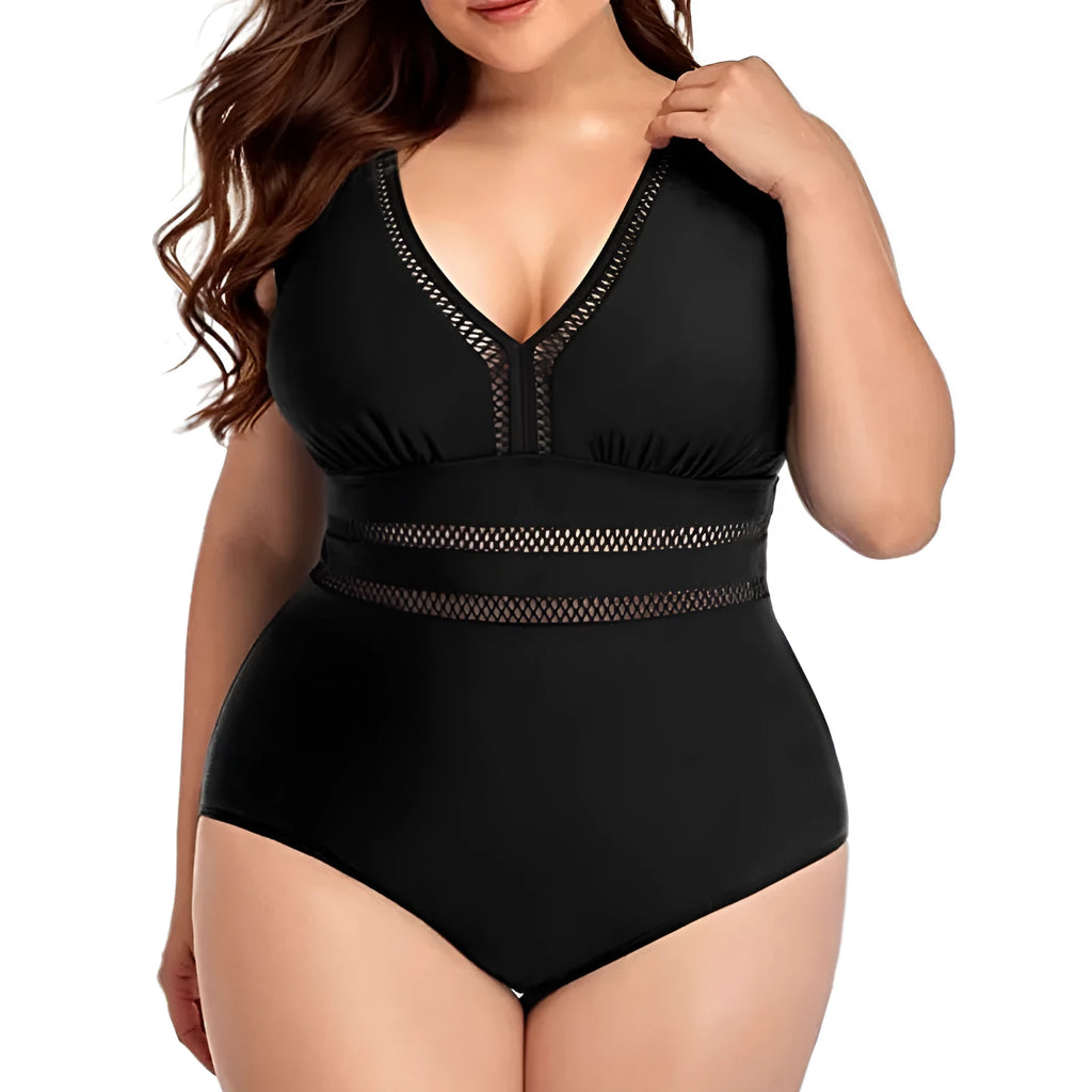 Black plus size women's polyester bikini swimsuit with printing pattern