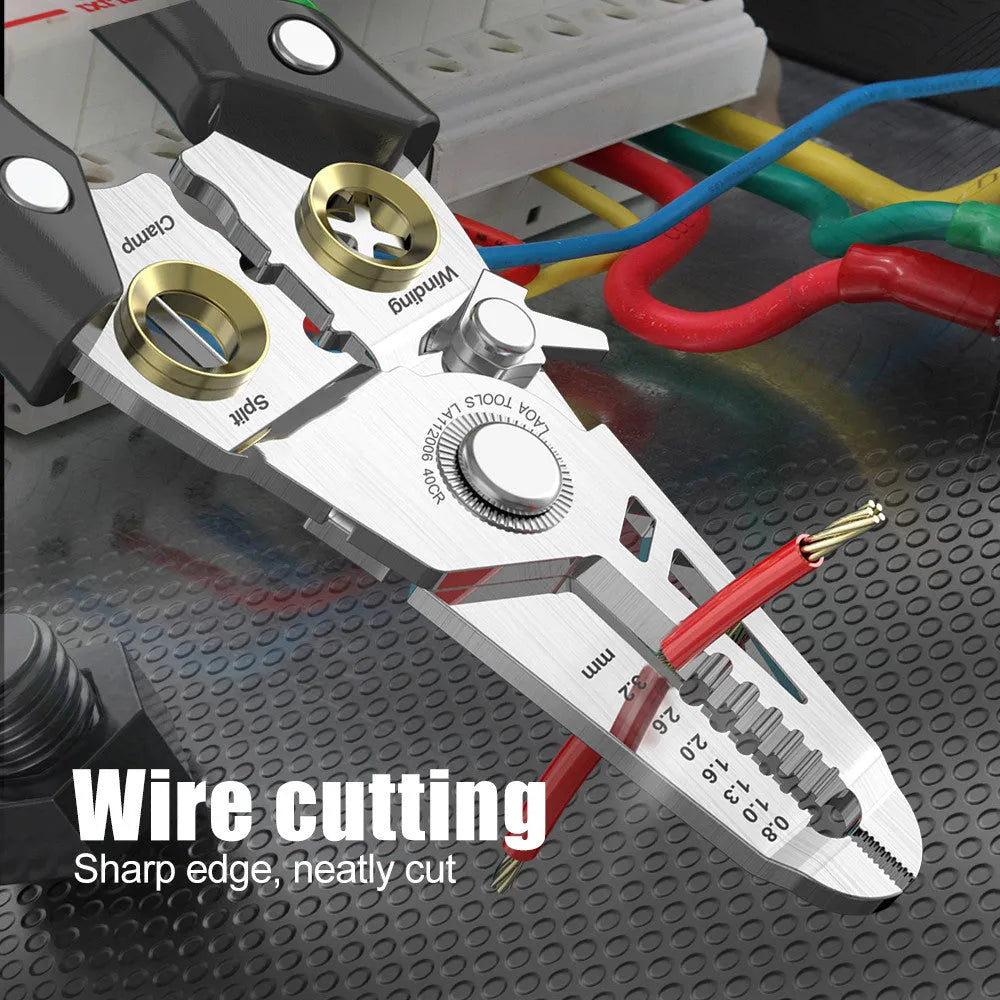 Stainless steel wire stripper tool with seven labelled stripping ports and two-colour handle