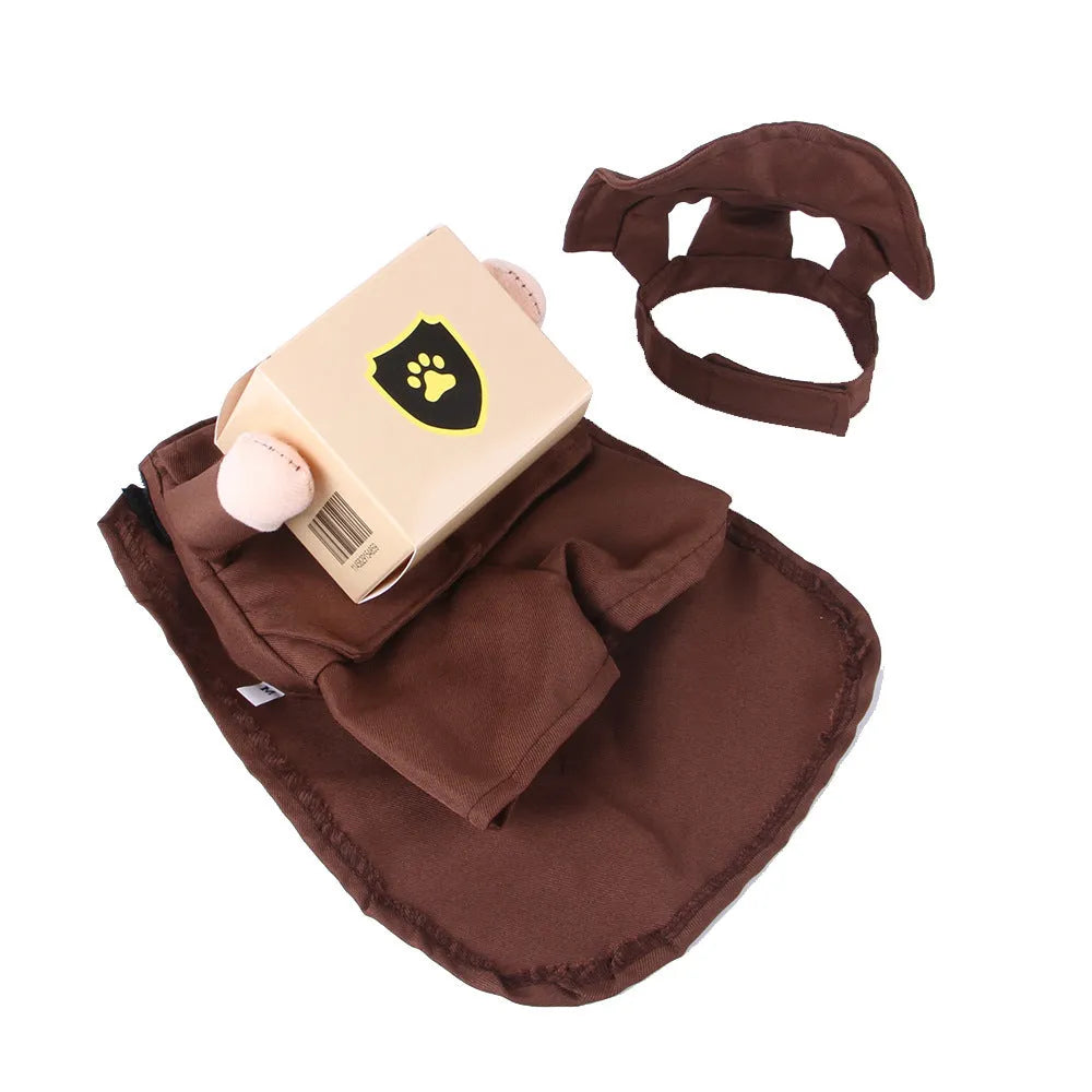 Coffee-coloured polyester dog costume designed as a courier standing outfit for funny pet outings.