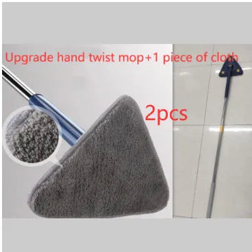 Blue triangular cleaning mop with a 360-degree rotating head and extended stainless steel pole on a tile floor.