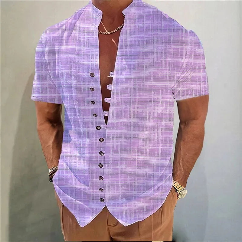 Youth wearing a short sleeve cardigan shirt with a geometric floral pattern in a polyester blend fabric.