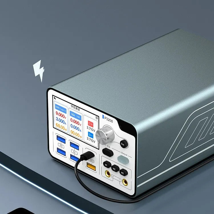 320W smart voltage regulator power meter on a workbench with display showing output readings.