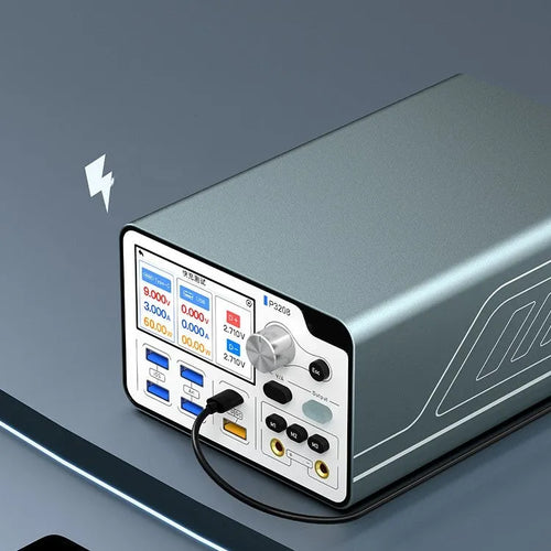 320W smart voltage regulator power meter on a workbench with display showing output readings.