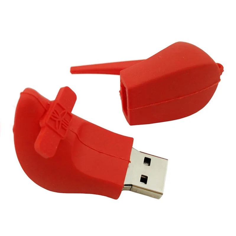 Red PVC USB flash drive with extended USB connector, showing compact size and push-pull design.