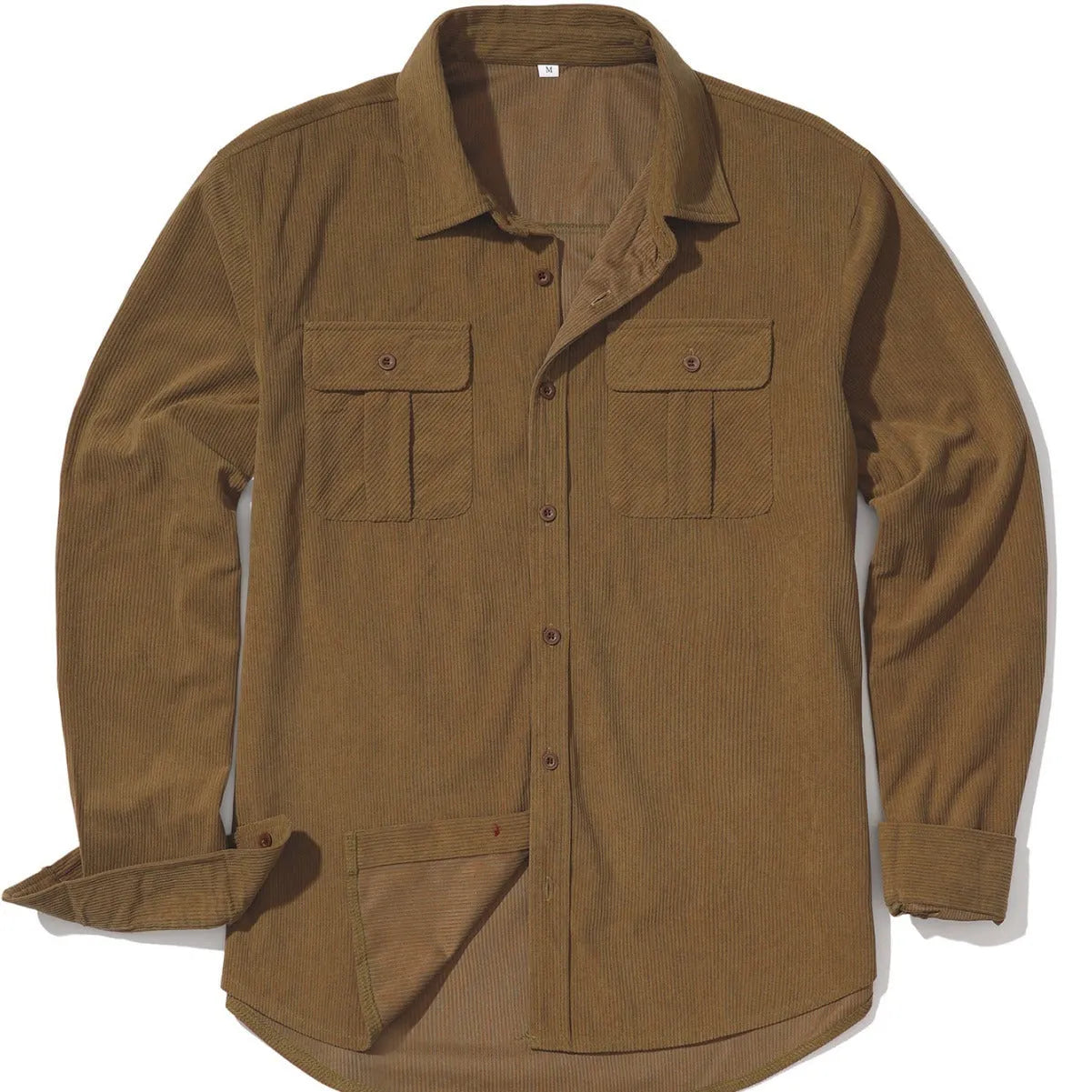 Men's loose fit corduroy shirt in army green colour with long sleeves and retro styling