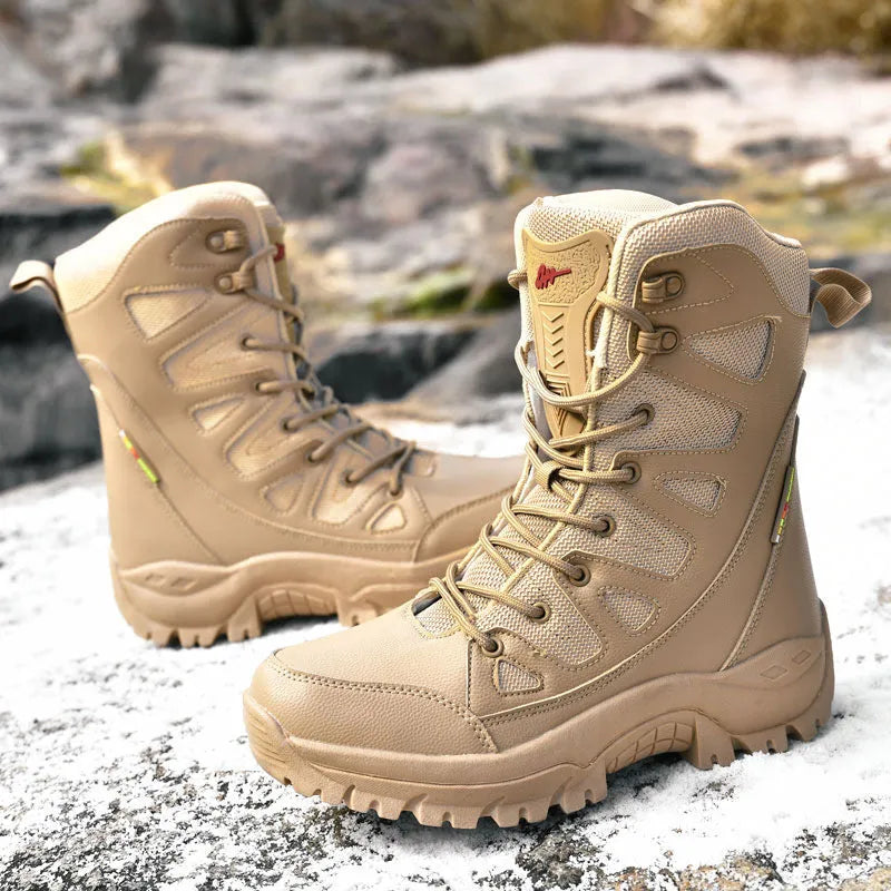 Men's cowhide leather hi-top hiking sneaker in beige, suitable for running, climbing and camping.