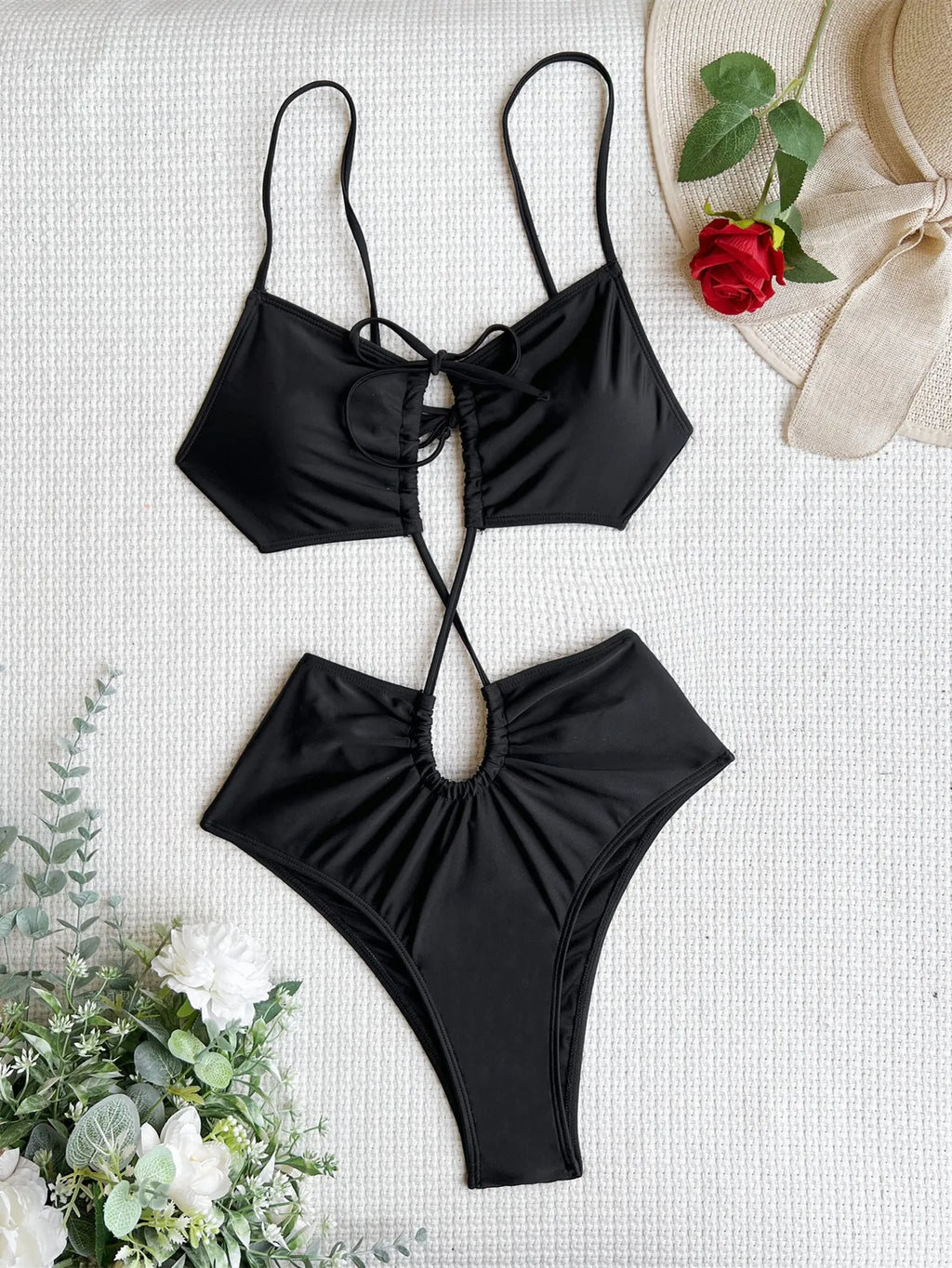 Women's sleeveless hollow back triangle one-piece swimsuit in black, green, or red colours