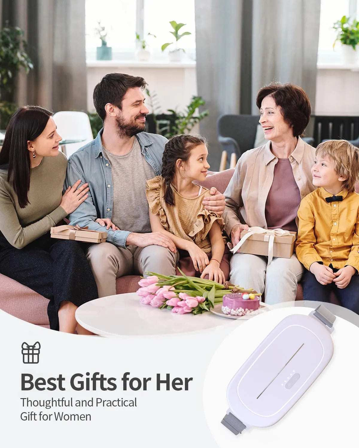 White handheld uterine warming device with control buttons on a plain background.