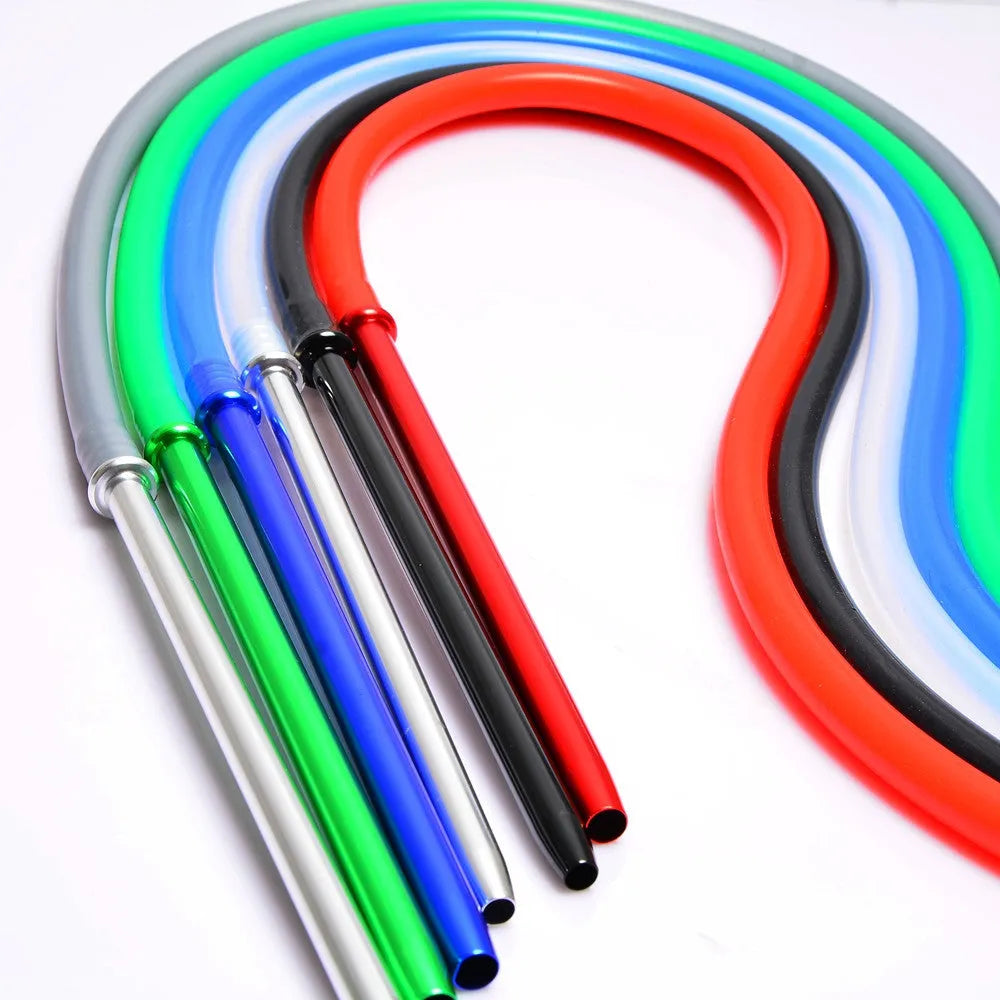 Silicone hookah hose with aluminium fittings in multiple colour options including red, blue, green, black, silver grey, and clear.