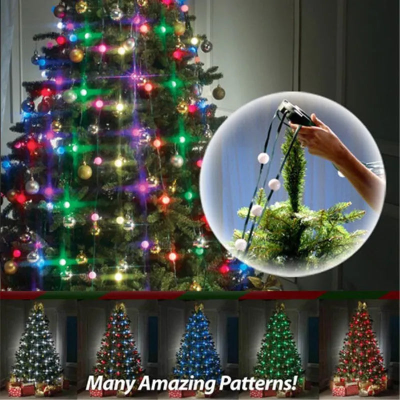 64 LED Christmas tree light string stretched out showing its 1.8 metre length and button control for dimming and colours.