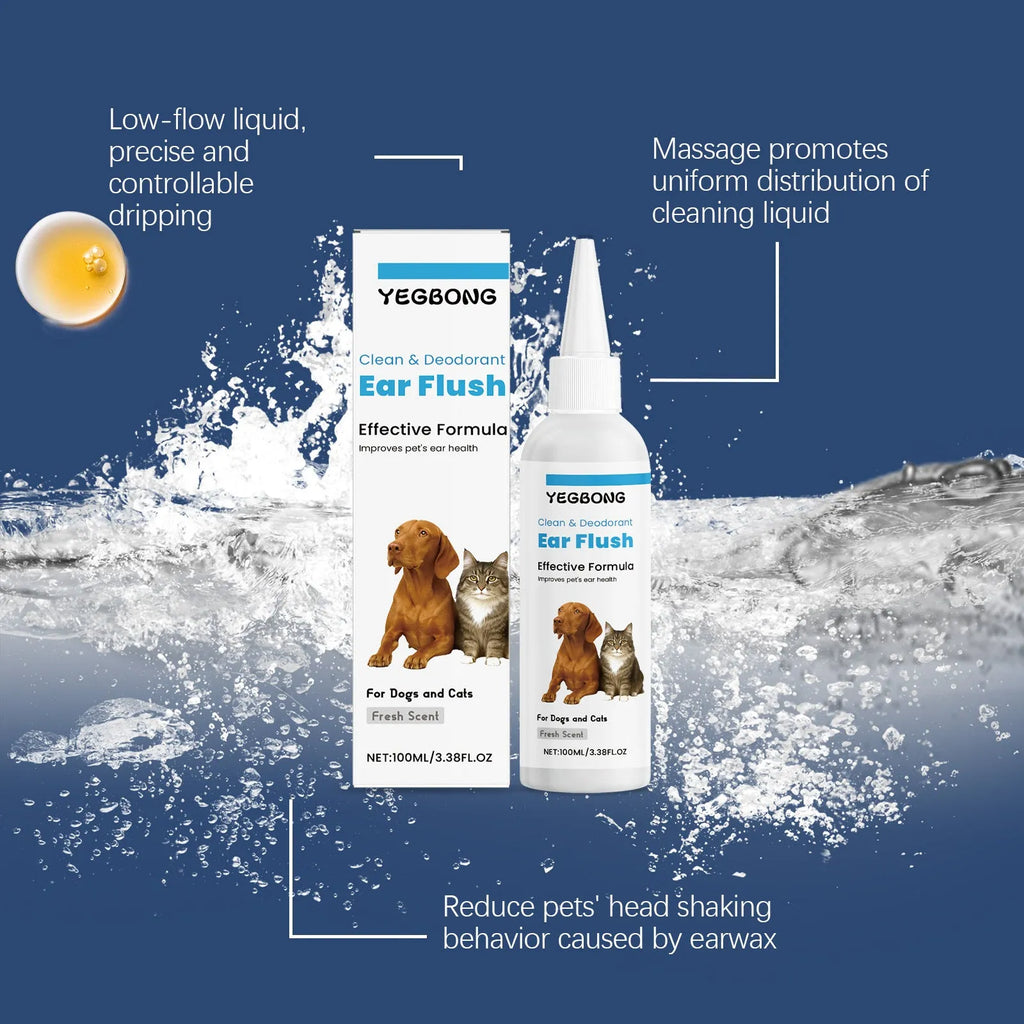 100ml bottle of ear cleaner for dogs and cats on a plain background.