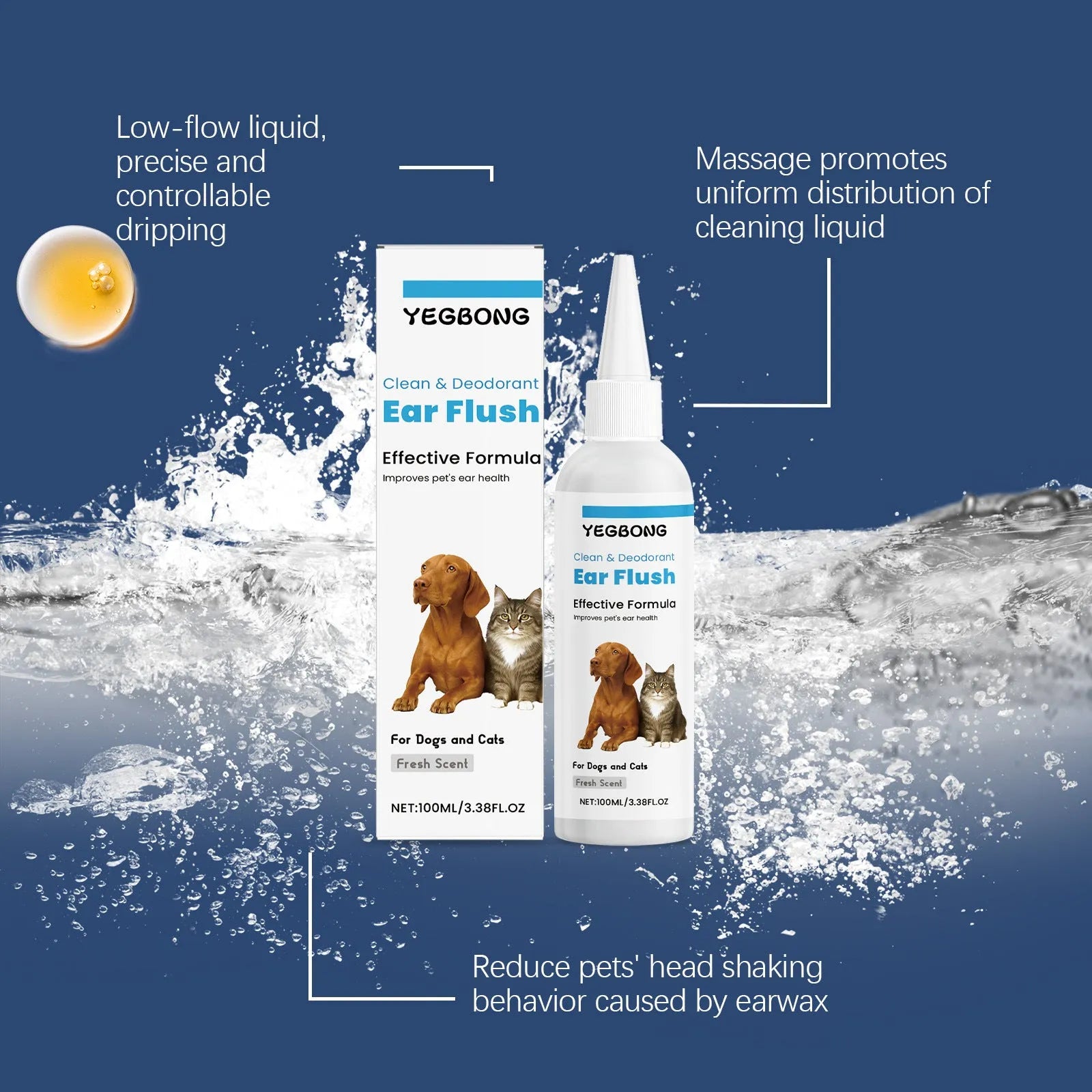 100ml bottle of ear cleaner for dogs and cats on a plain background.