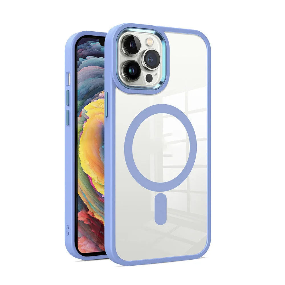 Transparent silicone magnetic phone case for iPhone on a table, showing MagSafe ring and colour options.
