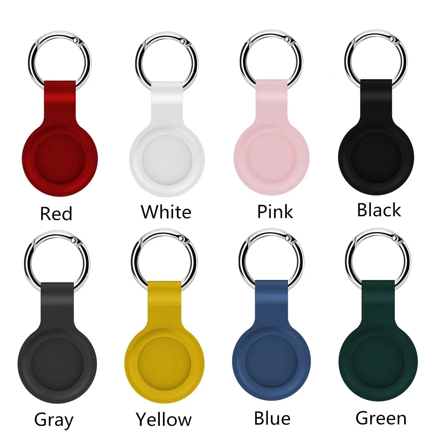 Silicone protective case for Apple AirTag with metal snap button in assorted colours on a keyring.