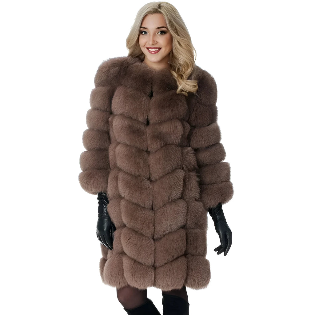 Women's long artificial fur coat in black, shown with regular sleeves and a length of 80cm.