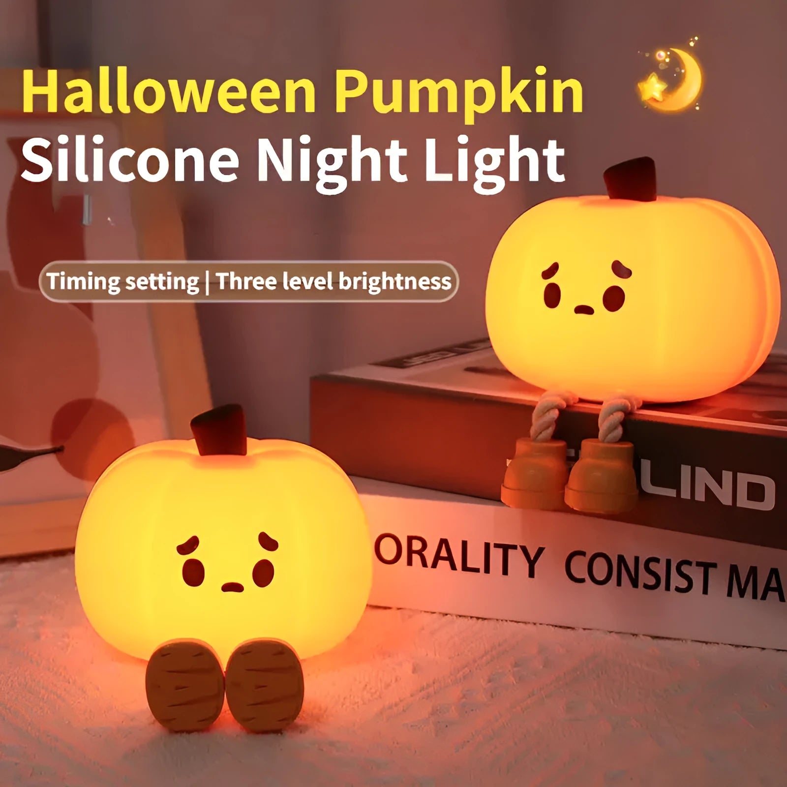 Soft orange silicone pumpkin-shaped night light with a warm glowing LED centre